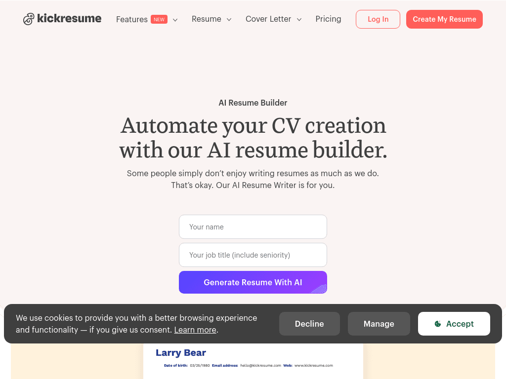 Kickresume screenshot